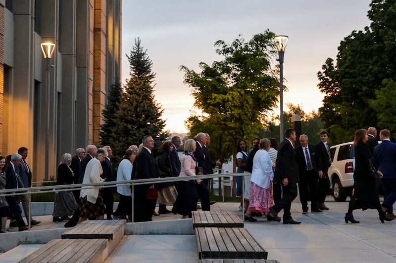 Missionaries and MTC leaders leave the auditorium after a devotional at the Provo Missionary Training Center in Provo, Utah, on Tuesday, May 10, 2022.