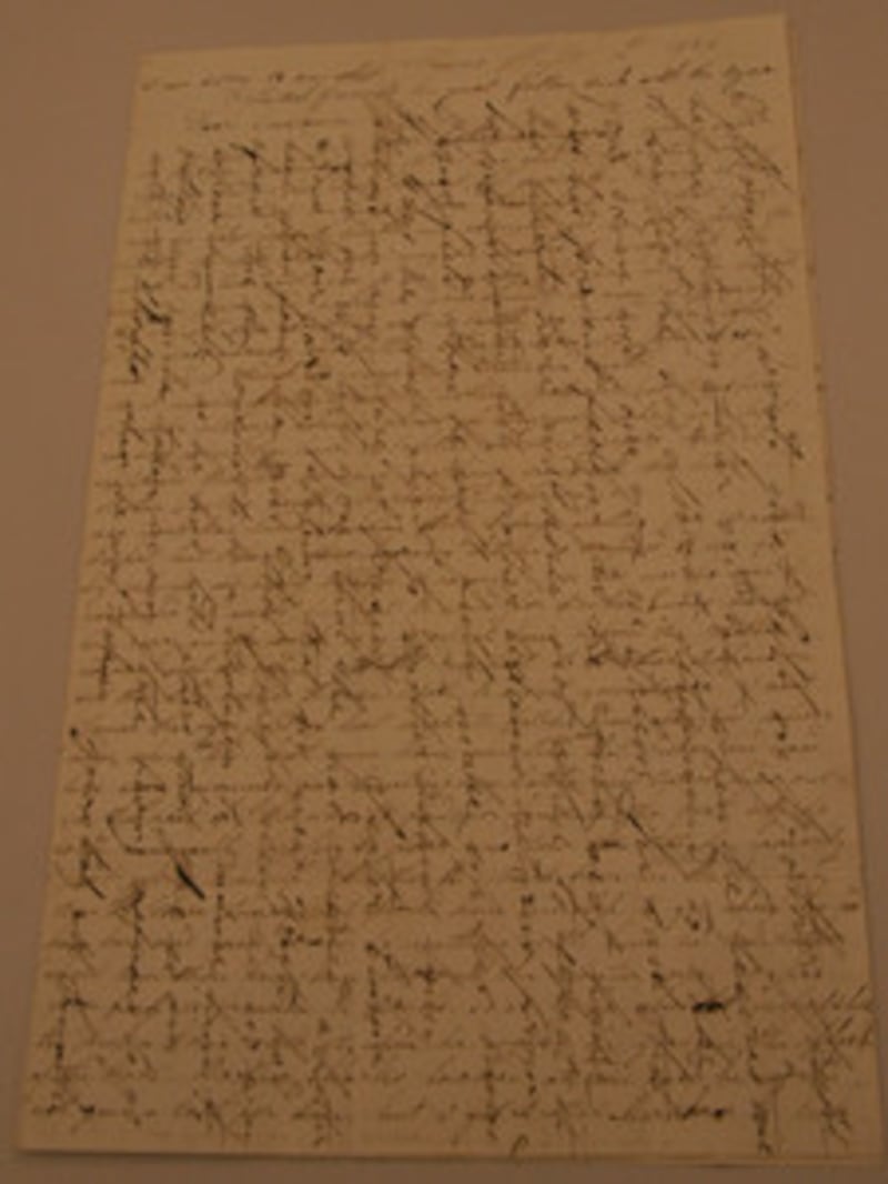 An 1842 letter to Hyrum Smith from wife, Mary Fielding, is written in crisscross pattern to save on