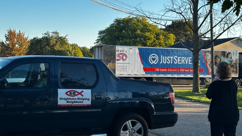 A truck from the Church carrying 40,000 pounds of food is delivered to FISH, a local food bank, in Grand Blanc, Michigan, on Thursday, September 24, 2026.