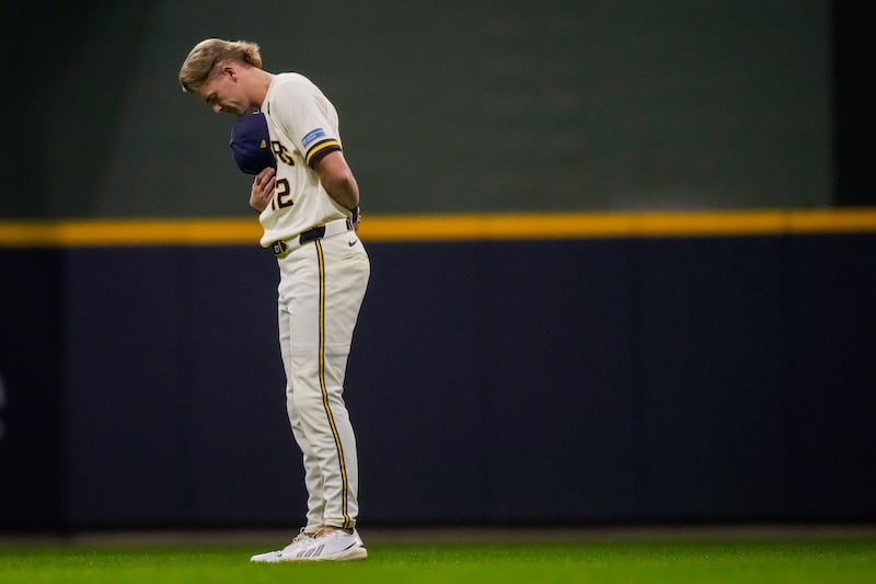 Milwaukee Brewers shortstop Cooper Pratt stands during the national anthem prior to Game 2 of baseball's World Series, Saturday, Oct. 24, 2026, in Milwaukee, Wisconsin, between the Milwaukee Brewers and the Tampa Bay Rays.