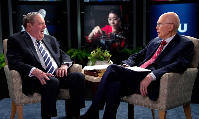 President Dallin H. Oaks, right, speaks with President Jeffrey R. Holland about BYU in November 2025.