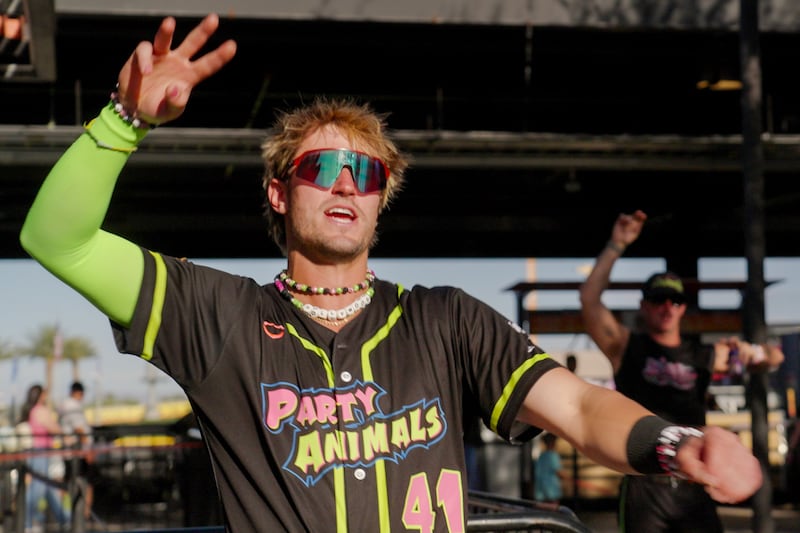 Branson Bowler, of the Party Animals, speaks plays in Las Vegas, Nevada, on Friday, May 1, 2026. The Party Animals are one of six teams in the Banana Ball Championship League.