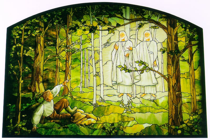 “Joseph Smith’s First Vision” stained glass in the Palmyra New York Temple.