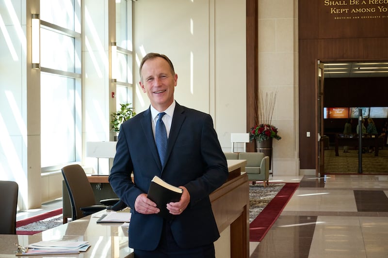 Elder Kyle S. McKay, General Authority Seventy, smiles for a photo in the Church History Library in Salt Lake City, Utah.