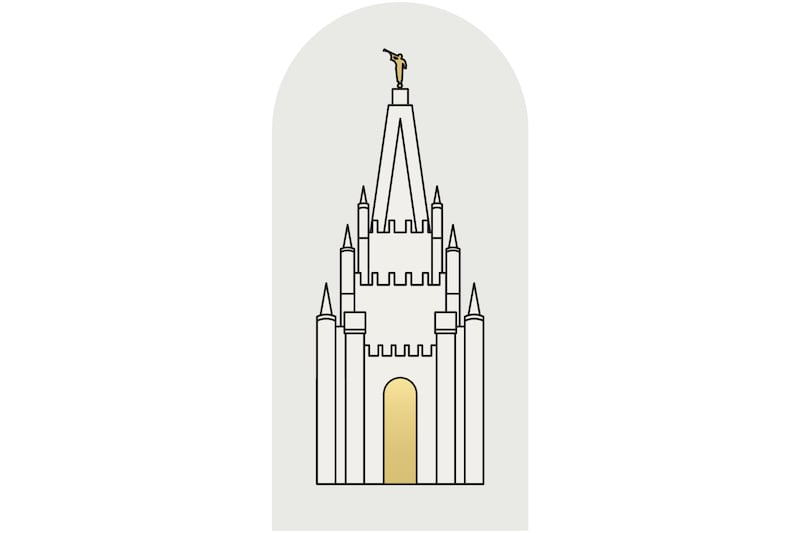 The 2027 youth theme logo is a silhouette-style black and white drawing of the Salt Lake Temple on a grey background with a gold door and gold Angel Moroni statue.