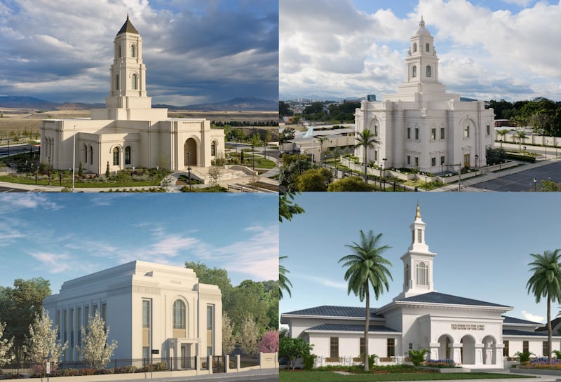 Clockwise from top left: The exterior of the Cody Wyoming Temple; The exterior of the Miraflores Guatemala City Guatemala Temple; An architectural rendering of the Pago Pago American Samoa Temple; An architectural rendering of the Vienna Austria Temple.