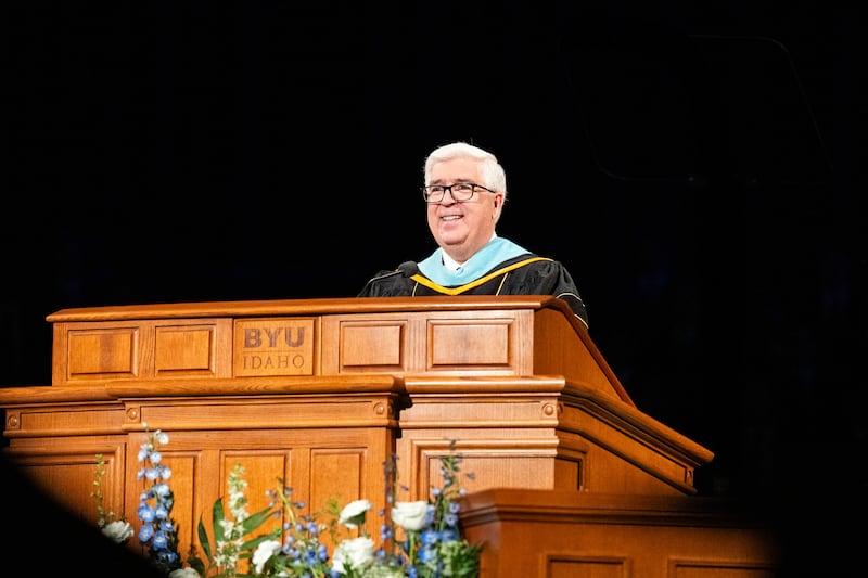 Elder José Teixeira, a General Authority Seventy, speaks during BYU–Idaho's commencement ceremony on Friday, April 10, 2026, in the BYU–I Center in Rexburg, Idaho.