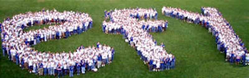 Spelling out the program's moniker during an EFY session at BYU in 2004 are approximately 1,400 yout