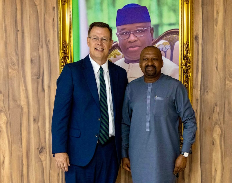 Elder Clark G. Gilbert of the Quorum of the Twelve Apostles, left, stands with Sierra Leone Vice President Mohamed Juldeh Jalloh in Freetown, Sierra Leone, on Wednesday, Aug. 26, 2026.