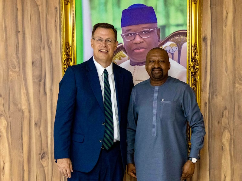 Elder Clark G. Gilbert of the Quorum of the Twelve Apostles, left, stands with Sierra Leone Vice President Mohamed Juldeh Jalloh in Freetown, Sierra Leone, on Wednesday, Aug. 26, 2026.