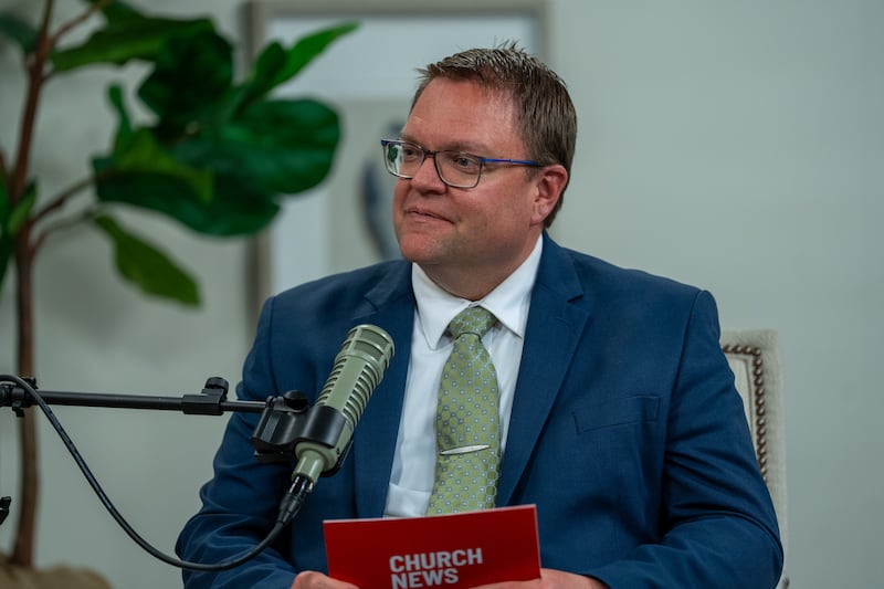 Ryan Jensen listens during the filming of the 300th episode of the Church News podcast, released Tuesday, June 23, 2026.