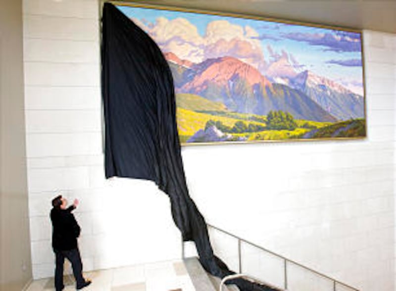 Utah artist David Meikle unveils his painting of Mount Olympus that's hanging in at the new City Cre