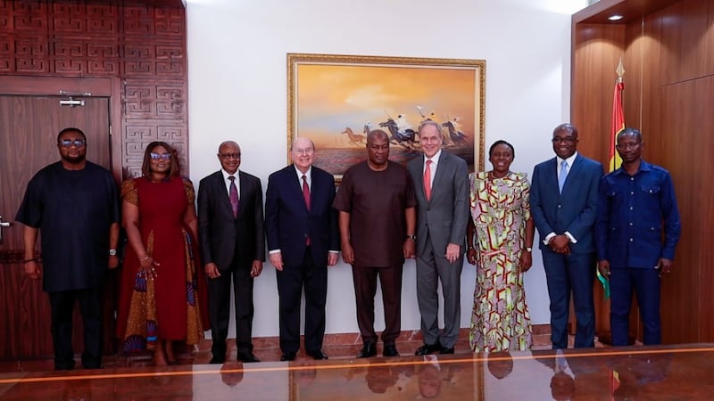 Elder Quentin L. Cook of the Quorum of the Twelve Apostles, third from left, stands next to John Dramani Mahama, president of the Republic of Ghana, along with other Church representatives and Ghana government leaders in Accra, Ghana, Feb. 17, 2026.