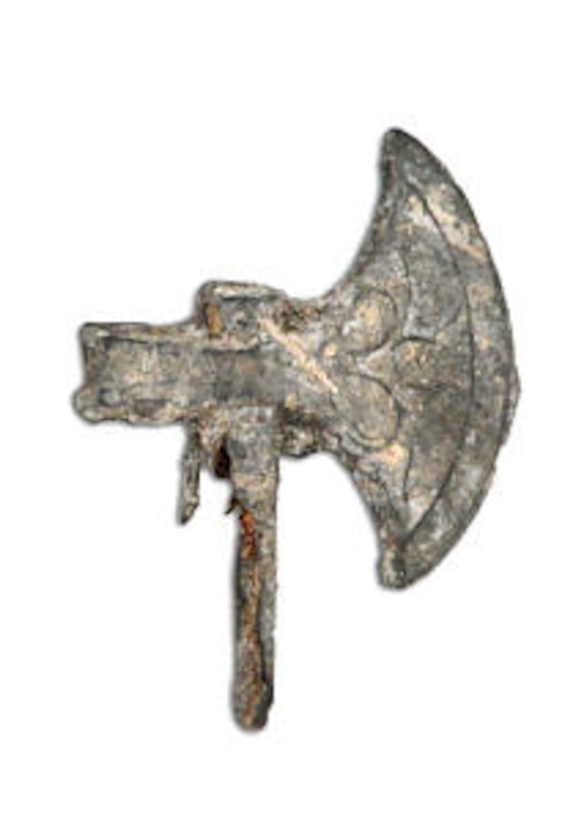 The size of this battle-axe is miniature. It was found at the excavation site and appears to be brok