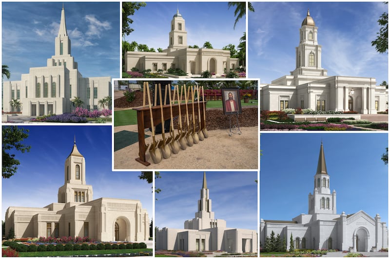 Six temple renderings, with a photo of ceremonial groundbreaking shovels and a painting of Christ.