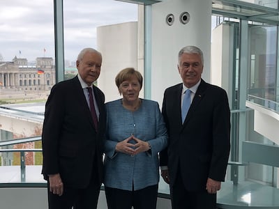 Elder Dieter F. Uchtdorf of the Quorum of the Twelve Apostles and U.S. Sen. Orrin Hatch of Utah meet with German Chancellor Angela Merkel in Germany, Friday, July 6, 2018.