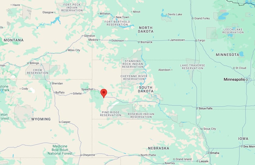 A map of South Dakota, with a pin in Rapid City, in the south of the state.