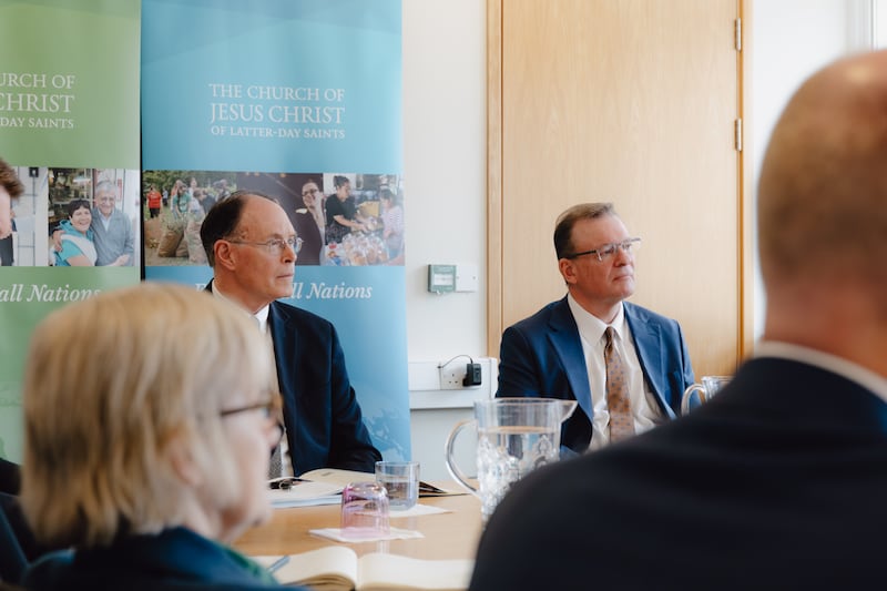 Presiding Bishop W. Christopher Waddell, left, leads a roundtable discussion on caring for those in need around the world with the leaders of humanitarian organizations in London, England, on Monday, March 23, 2026.