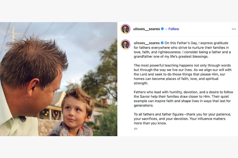 Elder Ulisses Soares thanks fathers and father figures for their patience, sacrifices and devotion, in a June 21, 2026, post on social media.