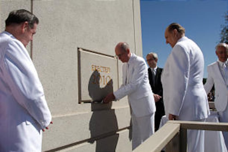President Thomas S. Monson oversees the cornerstone ceremony of The Gila Valley temple, the first temple he announced and dedicated.