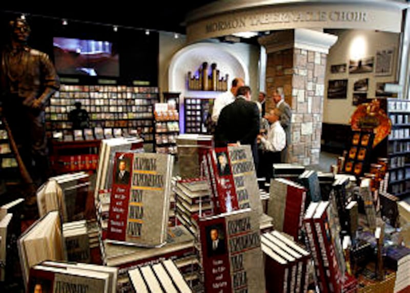 Deseret Book's opening day was Thursday, March 25, 2010. People gather in the audio/visual portion o