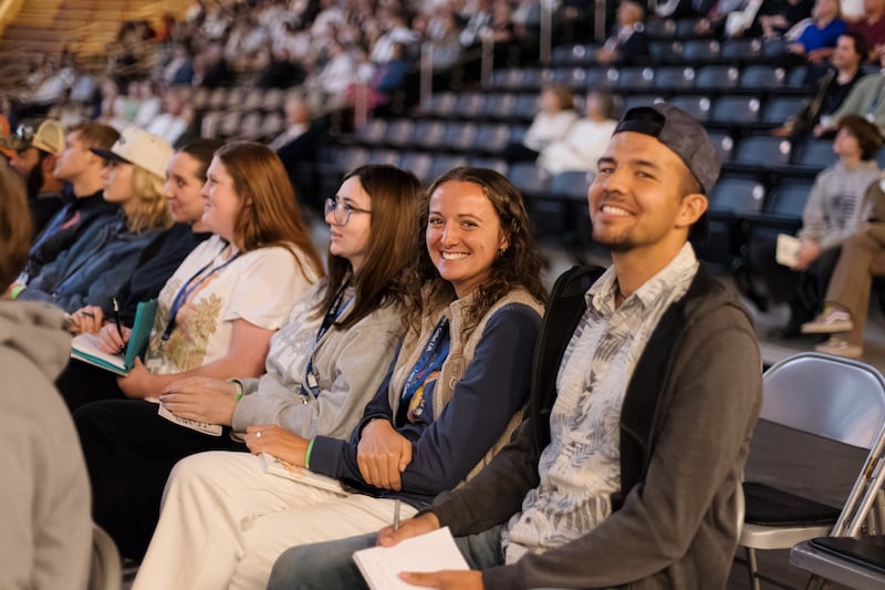 Latter-day Saint young adults gather in the ICCU Arena on the University of Idaho campus in Moscow, Idaho, to listen to a "100 years of institute" commemorative devotional on Saturday, Sept. 26, 2026.
