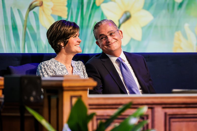 Elder Patrick Kearon of the Quorum of the Twelve Apostles speaks during a devotional as part of BYU Education Week in the Marriott Center in Provo, Utah, on Aug. 18, 2026.
