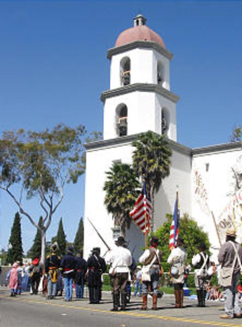 Mormon Battalion march in Swallow's Day Parade, San Juan Capistrano, Calif.