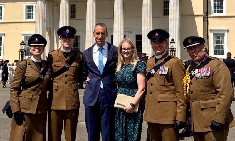 Chaplain Capt. Timothy Farrant, second from the left, and Chaplain Capt. Jonathan Bleakley, second from the right, became the first two Latter-day Saint chaplains in the British Army at the Royal Military Academy Sandhurst in Berkshire, England, on Saturday, July 18, 2026. Also pictured are Catherine Gillham, far left; Elder Robert F. Schwartz, an Area Seventy, and his wife, Sister Amy Schwartz, middle; and Richard Smith, for right.