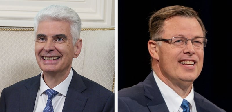 Left, Elder Gérald Caussé speaks from the Joseph Smith Memorial Building on Temple Square in Salt Lake City on Nov. 6, 2025; Right, Elder Clark G. Gilbert speaks at a BYU–Idaho devotional in Rexburg, Idaho, on Sept. 23, 2025.