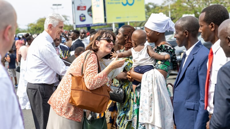 A group of members greets Elder Gérald Caussé and Sister Valérie Caussé in Bujumbura, Burundi, Oct. 21, 2026.