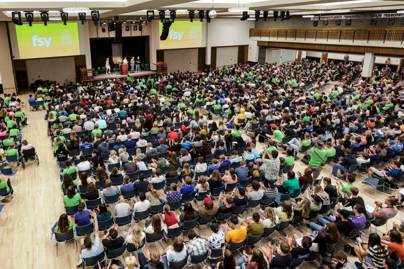 A group of youth gather during a For the Strength of Youth Conference at BYU in Provo, Utah