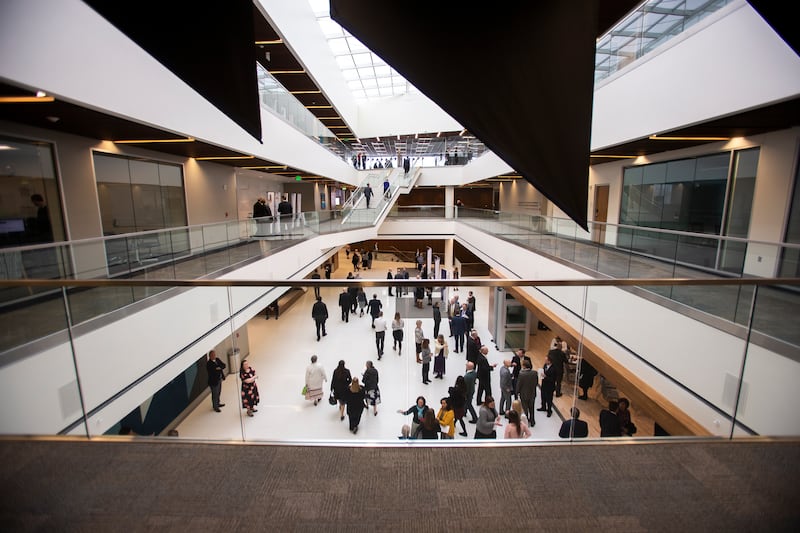 Visitors and others tour the Caroline Hemenway Harman Building at BYU in Provo, Utah, following the rededication prayer on Tuesday, Feb. 5, 2019.