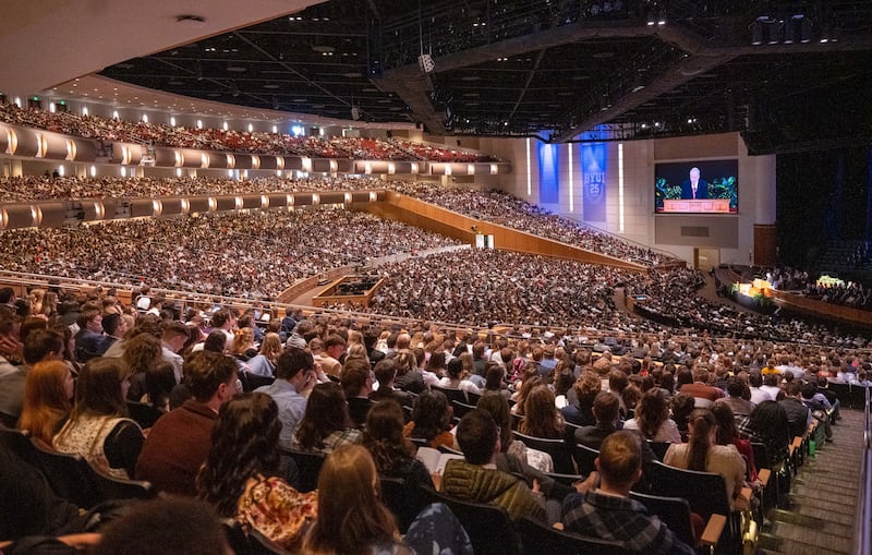 BYU–Idaho students gather at the BYU–I Center in Rexburg, Idaho, to listen to a devotional with Elder Neil L. Andersen of the Quorum of the Twelve Apostles on Sunday, Feb. 22, 2026.