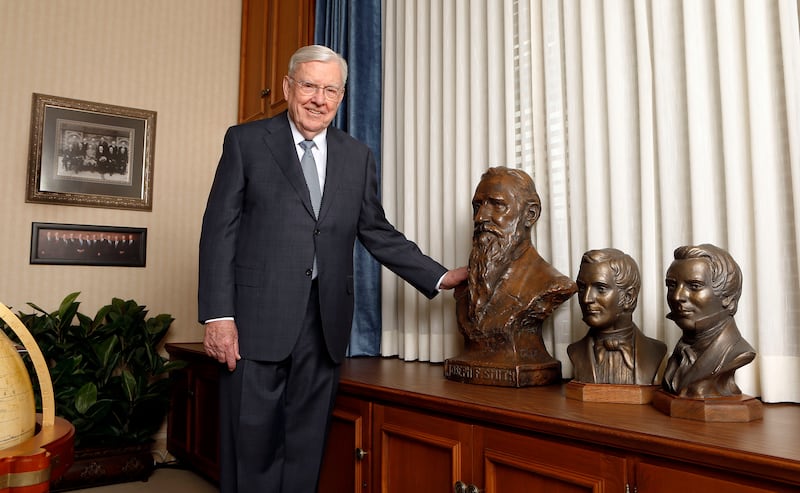 President M. Russell Ballard, Acting President of the Quorum of the Twelve Apostles, with the busts