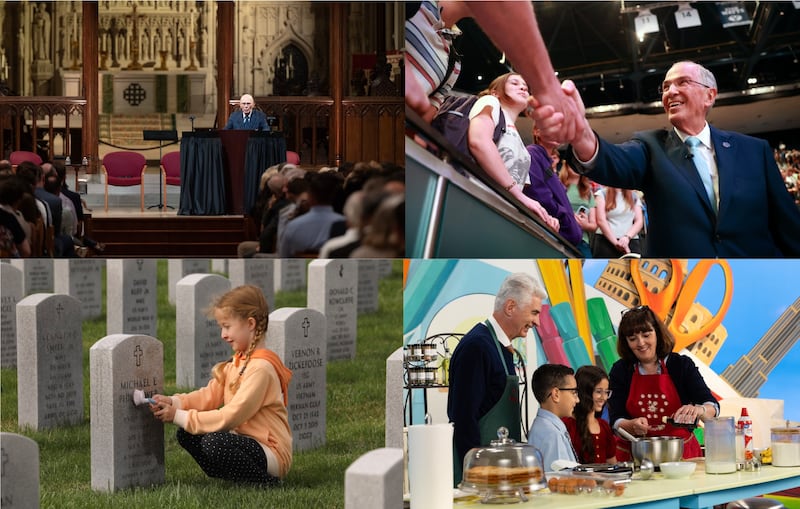 Clockwise from upper left: President Dallin H. Oaks speaks in the Washington National Cathedral in Washington, D.C.; Elder Neil L. Andersen of the Quorum of the Twelve Apostles greets students following a BYU devotional; Elder Gérald Caussé of the Quorum of the Twelve Apostles and his wife, Sister Valérie Caussé, make crêpes with child hosts during the filming of Friend to Friend broadcast; and a young volunteer helps clean headstones at the Yellowstone National Cemetery in Billings, Montana.