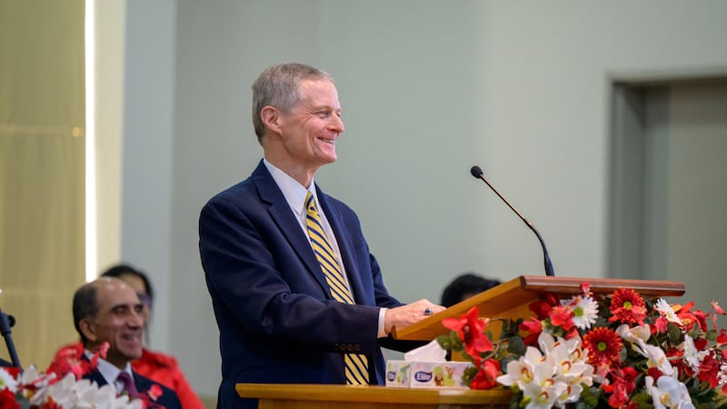 Elder David A. Bednar of the Quorum of the Twelve Apostles speaks to attendees at the Colina Chile Stake conference in Santiago, Chile, on May 17, 2026.