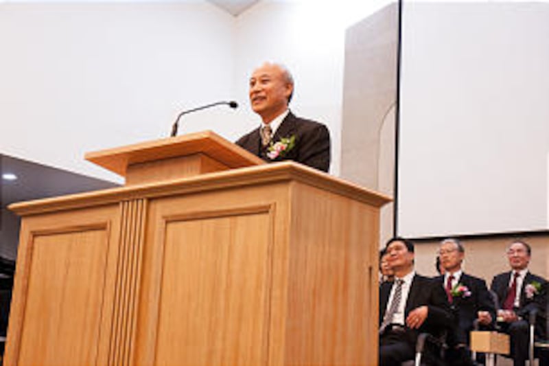Catholic Father YongHae Kim gives congratulatory remarks during the celebration of the LDS Korea Mis