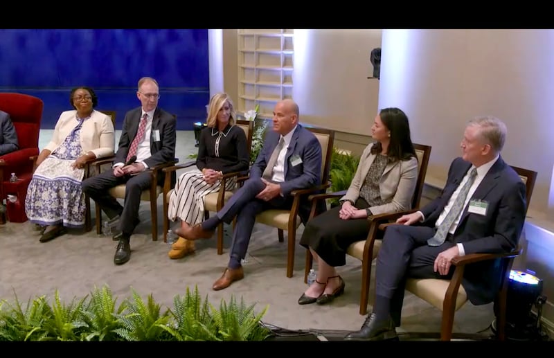 Left to right: Sister Tracy Y. Browning, Brother Chad H Webb, Sister Tamara W. Runia, Brother David J. Wunderli, Sister Kristin M. Yee, and Elder Kevin R. Duncan take part in a panel discussion during April 2026 general conference leadership training.