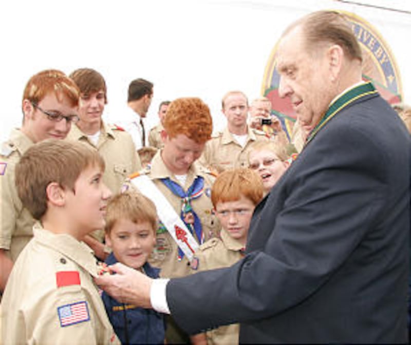 President Thomas S. Monson inspects the uniforms of LDS Boy Scouts during a visit to Las Vegas, Nev.