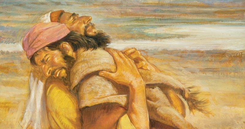 Jacob and Esau embrace each other in this Old Testament illustration.