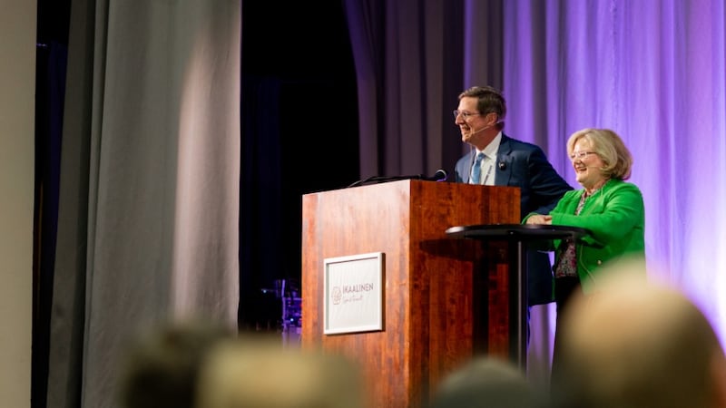 Elder Kevin W. Pearson, a General Authority Seventy and Europe North Area President, left, gives a devotional with his wife, Sister June Pearson, right, during Festinord 2026, held July 28-Aug. 1, 2026, in Ikaalinen, Finland.