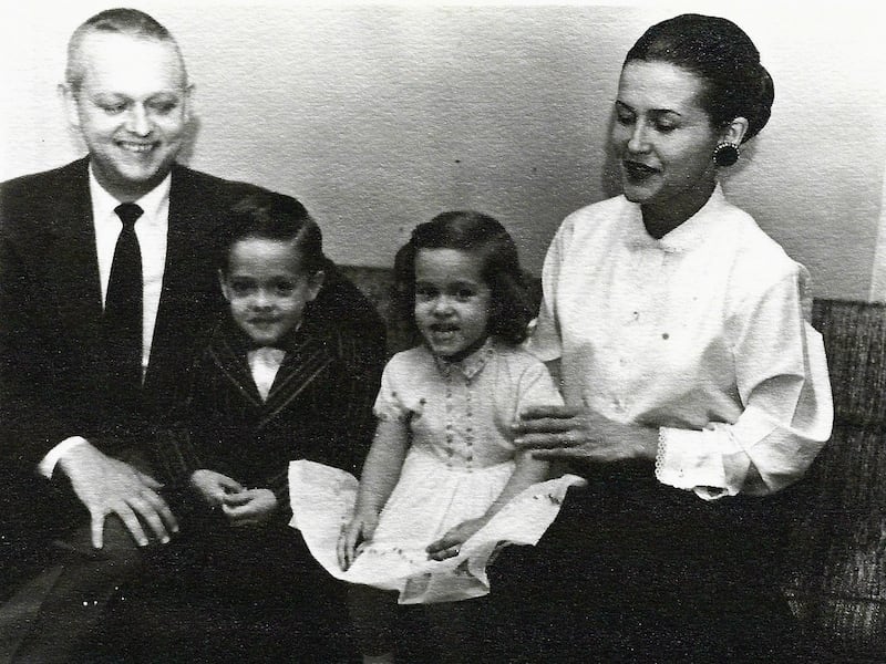 Jan Pinborough — author of the song "I'm a Pioneer Too," second from right — sits on the couch with her parents and brother as a 2-year-old in Midland, Texas, December 1956. It was around this time that local missionaries began teaching Pinborough's family the gospel of Jesus Christ.