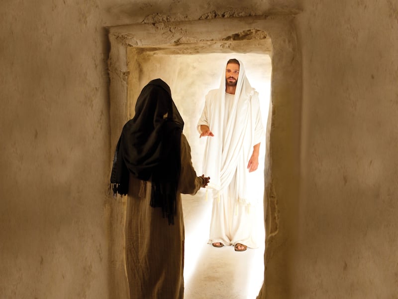 In this picture from the Bible Videos, the resurrected Jesus Christ appears to Mary Magdalene.