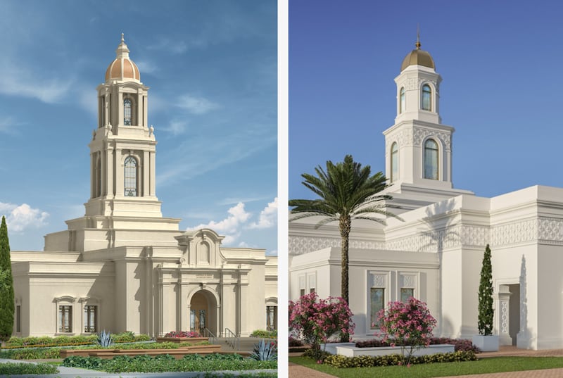 Architectural renderings of the San Luis Potosí Mexico Temple, left, and Torreón Mexico Temple, right.