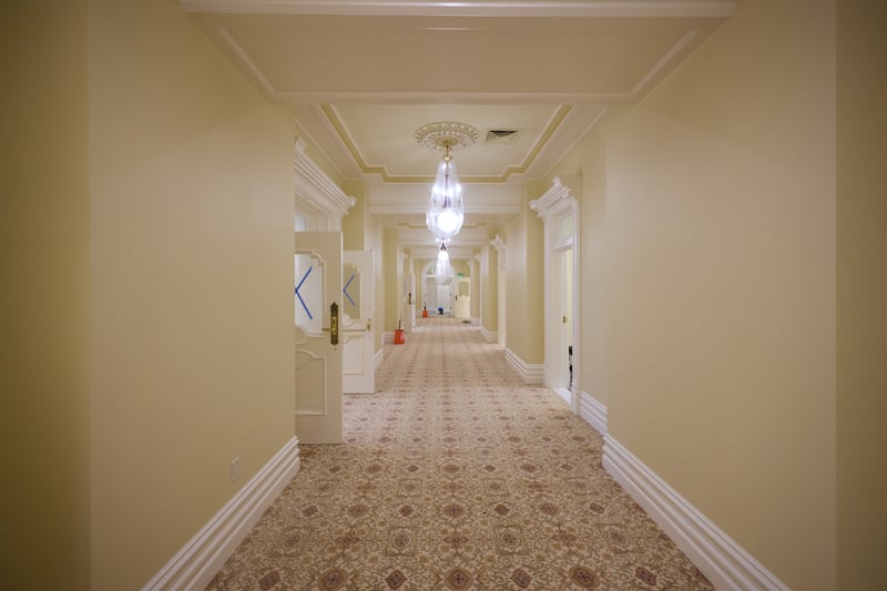 Newly installed carpet on the fourth floor of the Salt Lake Temple on Tuesday, April 21, 2026, in Salt Lake City.