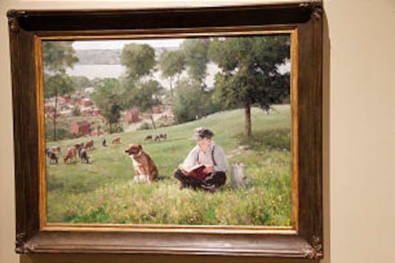 "Overlooking Nauvoo" by Archie Delkar Shaw shows a young man tending the community milk cows as they