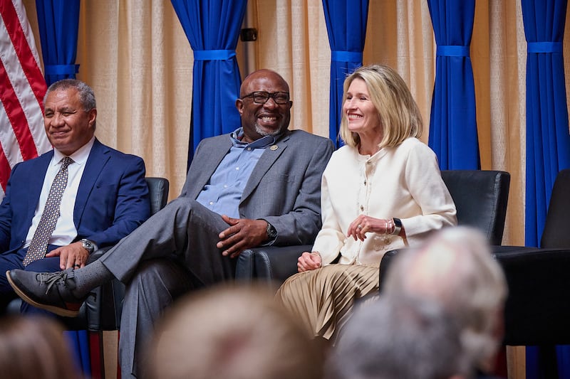 From left, Elder Vaiangina Sikahema, Indiana Senate Democratic Leader Greg Taylor and Relief Society General President Camille N. Johnson during the “Come and See” event at the Statehouse in Indianapolis, Indiana.