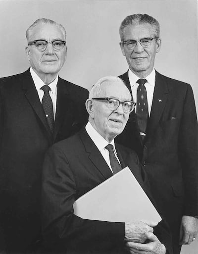 First Presidency in 1970. Left to right Harold B. Lee, Joseph Fielding Smith and N. Eldon Tanner.