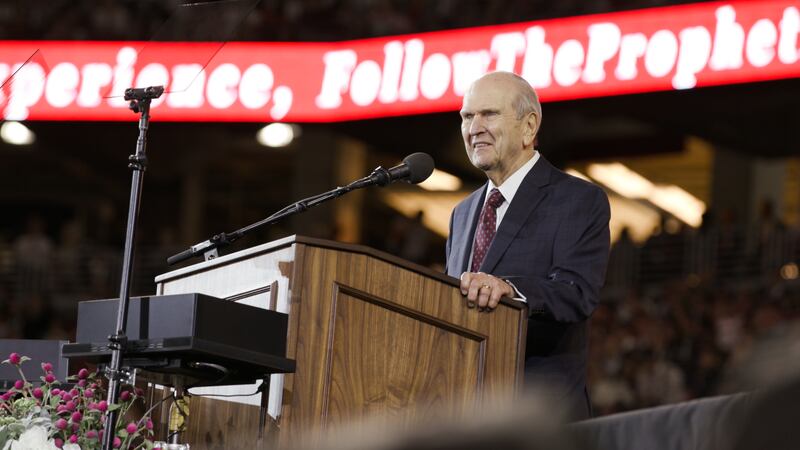 President Russell M. Nelson of The Church of Jesus Christ of Latter-day Saints speaks to attendees after speaking at the State Farm Stadium in Phoenix on Sunday, Feb. 10, 2019.